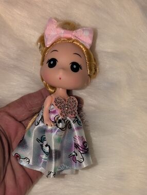 Pink Bow Doll with Rhinestone Heart Dress Keychain Bag Charm